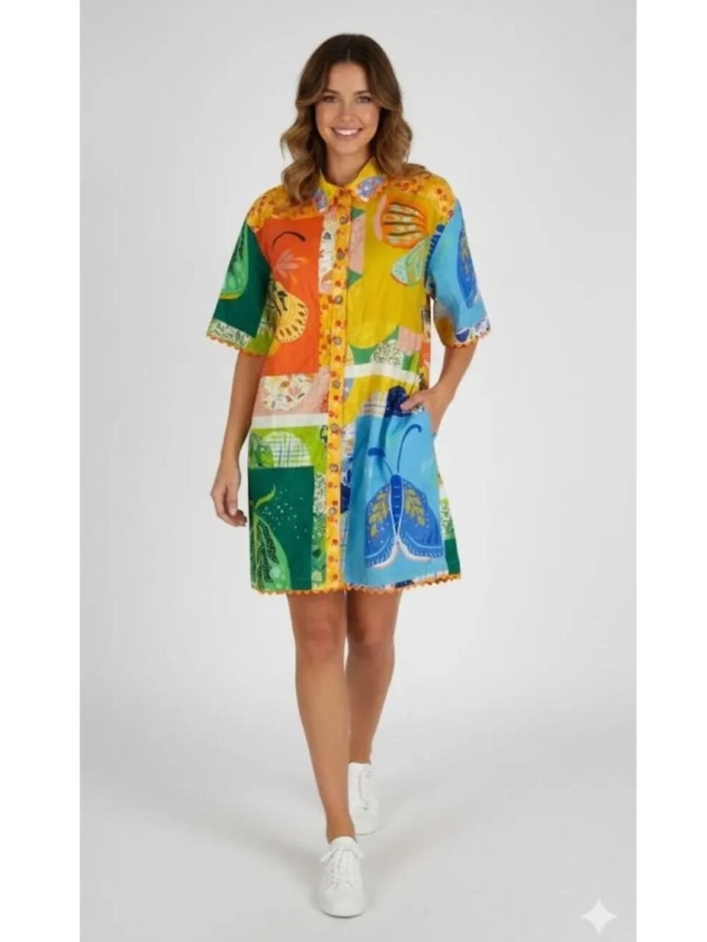 Uncle Frank Butterfly Block Party Mini Shirt Dress Colorful Patchwork Small